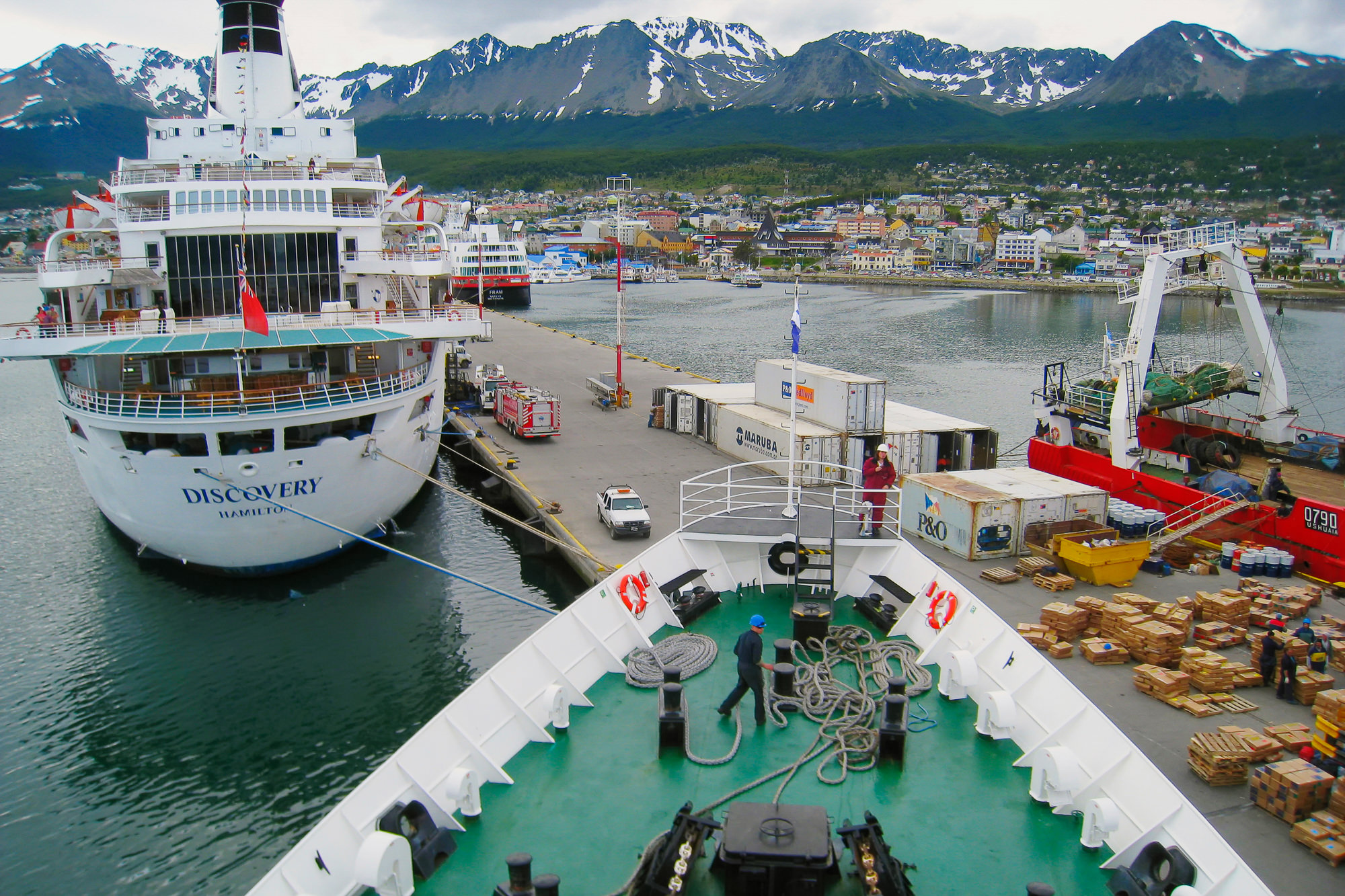 our ship named Ushuaia is leaving the pier of Ushuaia